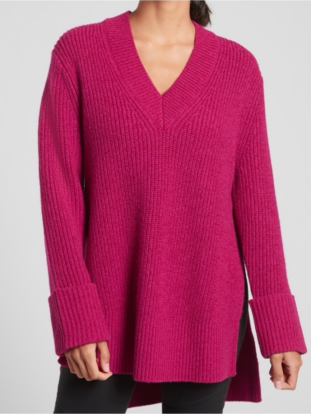 Athleta Women's Wool Blend Fushia V-Neck Ribbed Sweater